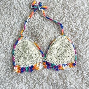 Colorful Crochet Halter Bikini Top with Rainbow Trim